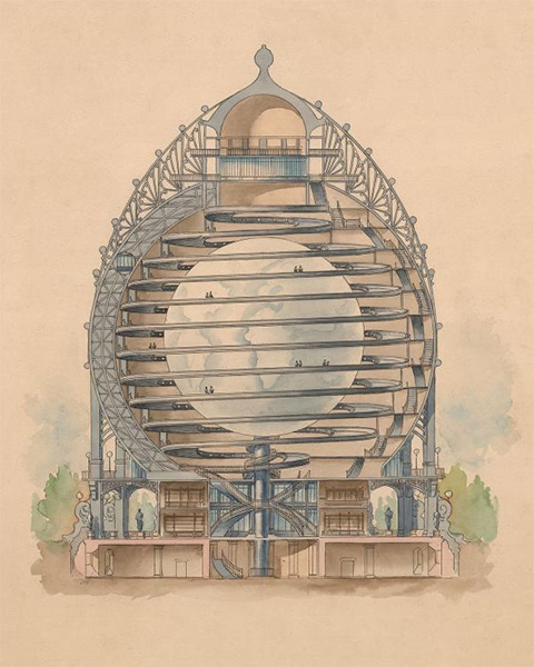 Projet de globe Reclus, écorché dessiné par Louis Bonnier, IFA, Fonds Bonnier Louis, 1897-1898, doc. R 35-39-36