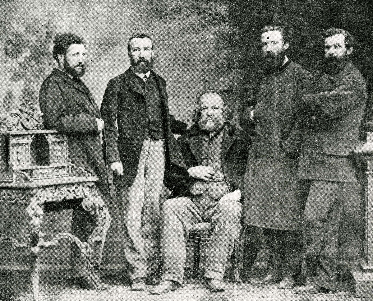 Bakounine et quelques membres de sa société secrète. De gauche à droite: Monchal, Charles Perron, Bakounine, Fanelli et Mroczkowsky